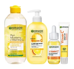 Garnier Vitamin C zestaw kosmetyków z witaminą C do pielęgnacji twarzy płyn micelarny 400 ml + żel do mycia twarzy 200 ml + serum na przebarwienia 30 ml + rozświetlający fluid 40 ml
