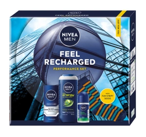 NIVEA MEN Feel Recharged Performance Set świąteczny zestaw kosmetyków dla mężczyzn żel pod prysznic 250 ml + krem do twarzy 75 ml + antyperspirant roll-on 50 ml + skarpety
