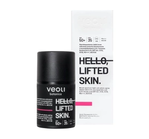 Veoli Botanica Hello, Lifted Skin szerokopasmowy lekki krem ochronny SPF50+ z 0,2% neuropeptydami i 0,2% kwasem ferulowym 50 ml