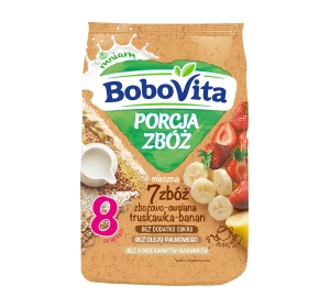 BoboVita Porcja Zbóż mleczna kaszka zbożowo-owsiana po 8 miesiącu Truskawka-Banan 210 g
