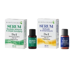 Bioelixire zestaw silikonowe serum do włosów Jedwab Witamina A 20 ml + serum Baobab Biotyna 20 ml
