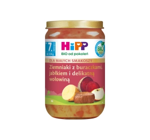 HIPP Bio obiadek w słoiczku Ziemniaki z buraczkami jabłkiem i delikatną wołowiną po 7 miesiącu 220 g