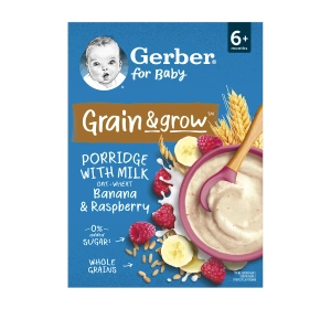 Gerber Grain & Grow mleczna kaszka owsiano-pszenna po 6 miesiącu Banan & Malina 200g