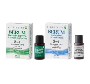 Bioelixire zestaw silikonowe serum do włosów Baobab Biotyna Olejek konopny 20 ml + serum Czarnuszka 20 ml