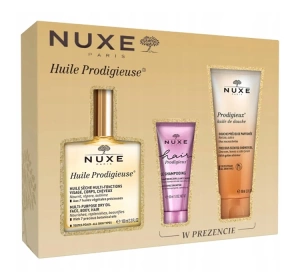 Nuxe Huile Prodigieuse zestaw prezentowy wielofunkcyjny olejek 100 ml + szampon wygładzający 30 ml + olejek pod prysznic 100 ml