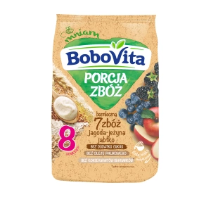 BoboVita Porcja Zbóż bezmleczna kaszka 7 zbóż po 8 miesiącu Jagoda-Jeżyna-Jabłko 170 g