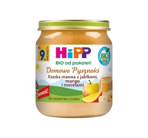 HIPP Bio Domowe Pyszności deserek w słoiczku dla dzieci po 9 miesiącu Kaszka manna z jabłkami, mango i morelami 200 g