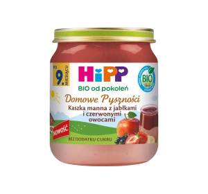 HIPP Bio Domowe Pyszności deserek w słoiczku dla dzieci po 9 miesiącu Kaszka manna z jabłkami, i czerwonymi owocami 200 g