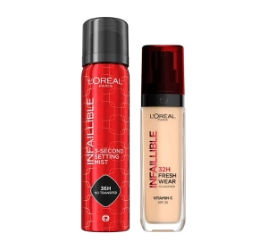 L’Oréal Paris Infaillible zestaw do makijażu podkład do twarzy 32H Fresh Wear w wybranym kolorze 30 ml + mgiełka utrwalająca makijaż 75 ml