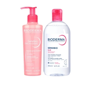 Bioderma Sensibio zestaw kosmetyków do oczyszczania cery wrażliwej płyn micelarny 500 ml + żel micelarny 200 ml