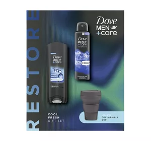 DOVE MEN+ CARE RESTORE COOL FRESH ZESTAW KOSMETYKÓW ŻEL + ANTYPERSPIRANT W SPRAYU + SKŁADANY KUBEK