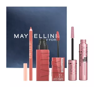 Maybelline zestaw do makijażu tusz do rzęs + winylowa pomadka + konturówka do ust + pudełko