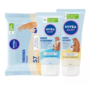 NIVEA BABY ZESTAW NIEZBĘDNIK W PODRÓŻY CHUSTECZKI TODDIES + KREM OCHRONNY + KREM NA ODPARZENIA